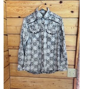 Plaid Western Snap Button Down Shirt Mens Small Grey White Slim Fit BKE Rodeo